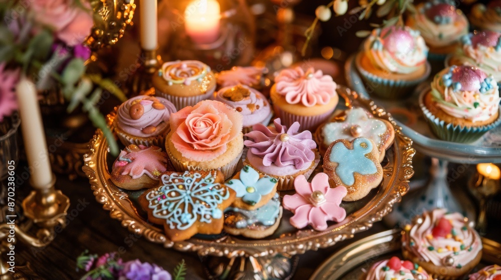A whimsical fairy tale-themed dessert tray with magical treats and enchanting decorations A whimsical fairy tale-themed dessert tray with magical treats and enchanting decorations