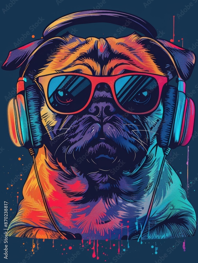 Fototapeta premium Pug with Headphones and Sunglasses in Vibrant Colors