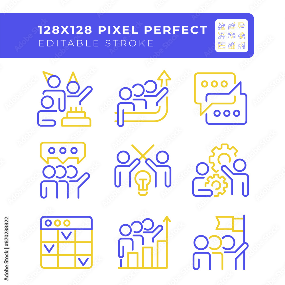 Team members two color line icons set. Group interaction bicolor outline iconset isolated. Task management. Conflict resolution. Group success. Duotone pictograms thin linear. Editable stroke Team members two color line icons set. Group interaction bicolor outline iconset isolated. Task management. Conflict resolution. Group success. Duotone pictograms thin linear. Editable stroke