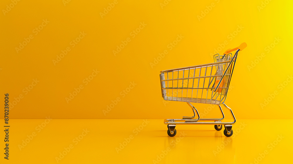 Shopping cart on a yellow background. Shopping cart. Minimalist concept, isolated cart. Shopping cart on a yellow background. Shopping cart. Minimalist concept, isolated cart.