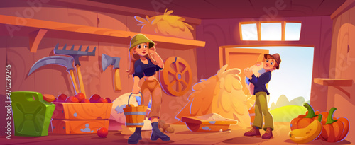 Farmer people in barn interior with hay stack and agriculture tools, pumpkin harvest and apples in chest. Man and woman in farm house inside with wooden walls and open gate. Village rustic warehouse.