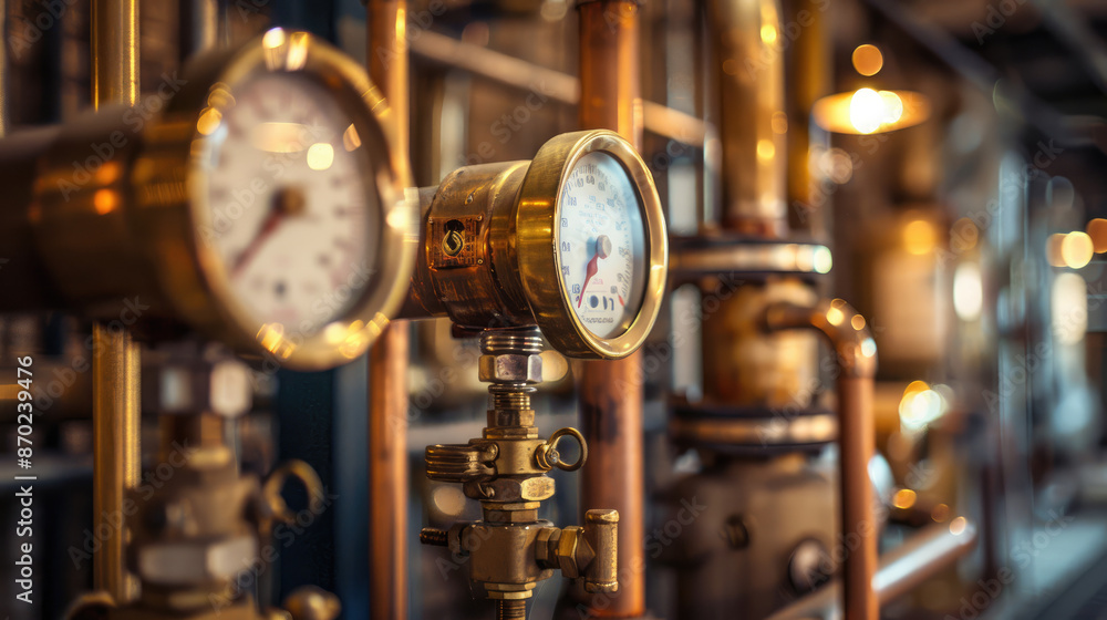 Brass Piping and Pressure Gauges in Industrial Environment Brass Piping and Pressure Gauges in Industrial Environment