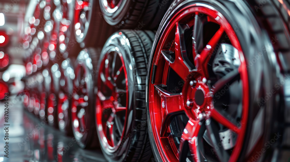 Close-Up View of Premium Sports Rims Stacked in Car Tire Store Close-Up View of Premium Sports Rims Stacked in Car Tire Store