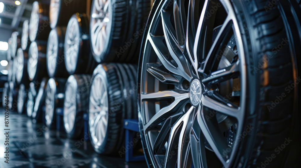 Close-Up View of Premium Sports Rims Stacked in Car Tire Store Close-Up View of Premium Sports Rims Stacked in Car Tire Store