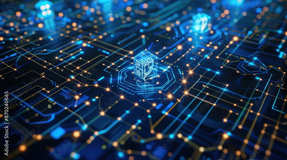Obraz premium Blockchain network security with encrypted nodes, cybernetic tone, complementary color scheme, front view, representing robust protection