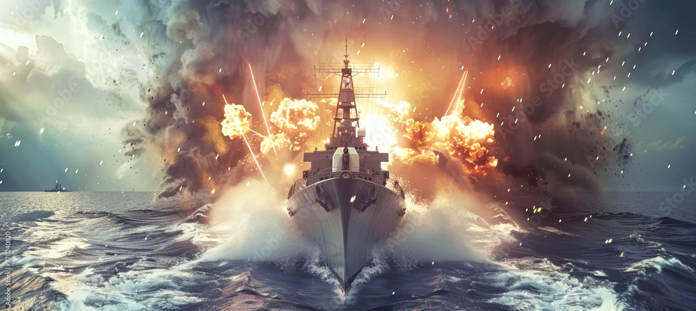 Obraz premium A warship sails through a turbulent sea, engulfed in flames and smoke from nearby explosions