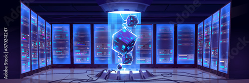 Modern data center with computer servers. Vector cartoon illustration of dark room with information technology equipment for cloud storage, cyber security control, crypto mining, blue light portal