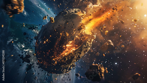 A large asteroid hitting the Earth, causing shock waves and debris to shoot into space. This realistic photo