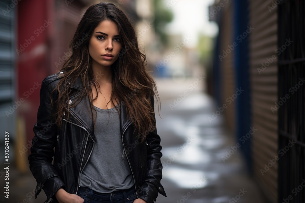 A woman wearing a black leather jacket and jeans stands in front of a building A woman wearing a black leather jacket and jeans stands in front of a building