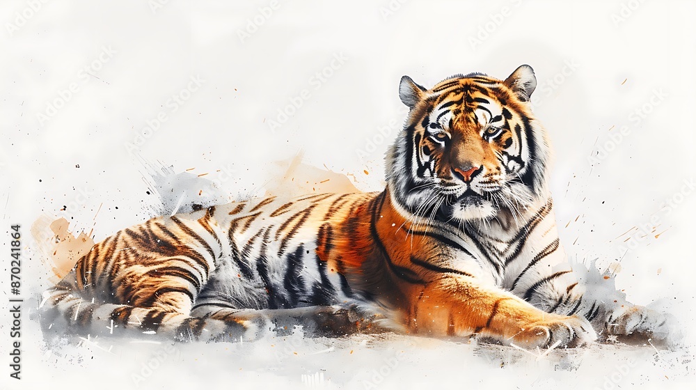 Obraz premium A watercolor painting of an elegant tiger, its fur detailed and soft in color against the white background. The illustration captures the majestic essence with subtle brushstrokes, creating a sense