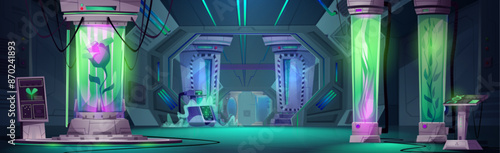 Space ship hall interior with lab inside. Cartoon vector illustration of cosmic rocket fantasy science laboratory with plants and flowers in green glow cryogenic capsule with computer control panels.