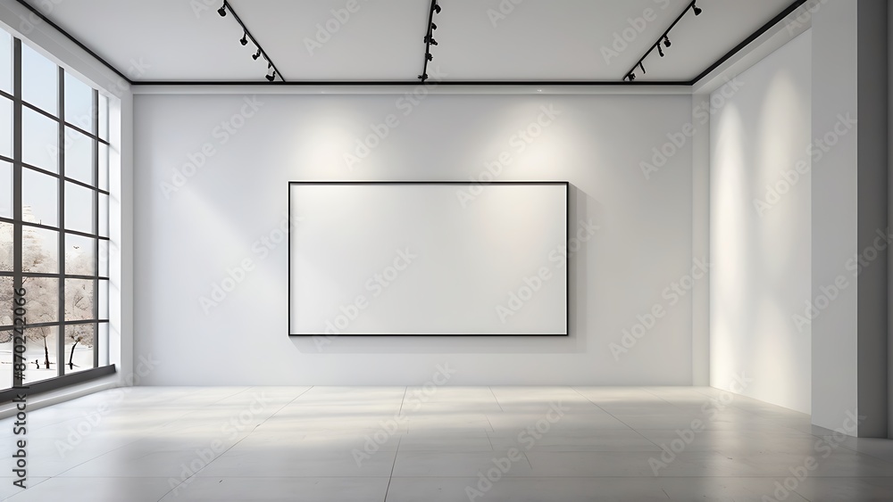 empty white canvas on a wall in a bright gallery space with minimalist design concept of modern art exhibition 3d rendering mock up empty white canvas on a wall in a bright gallery space with minimalist design concept of modern art exhibition 3d rendering mock up
