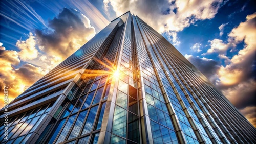 Looking Up At A Skyscraper With Clouds And Sun Rays photo