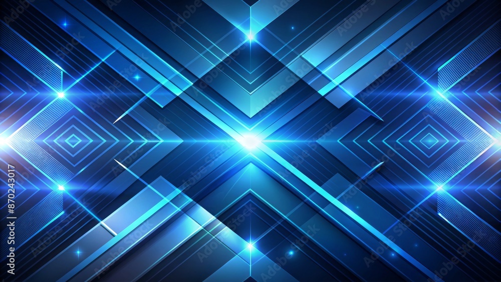 Dark blue abstract background illuminated by radiant arrow lines within modern shiny blue geometric shapes, evoking futuristic technology concept. Dark blue abstract background illuminated by radiant arrow lines within modern shiny blue geometric shapes, evoking futuristic technology concept.