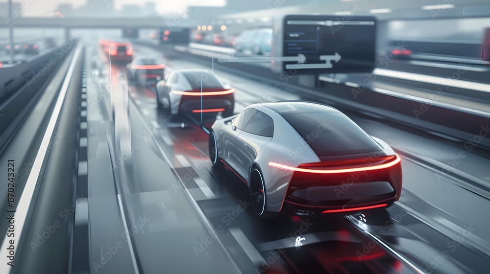 Electric and autonomous vehicles on a futuristic highway. Electric and autonomous vehicles on a futuristic highway.