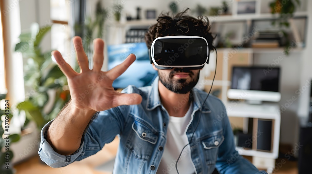 Person using a virtual reality headset in a home office. Person using a virtual reality headset in a home office.