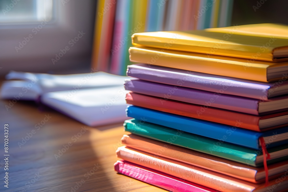 A neat stack of colorful textbooks and notebooks on a wooden desk, bathed in soft natural light. A neat stack of colorful textbooks and notebooks on a wooden desk, bathed in soft natural light.