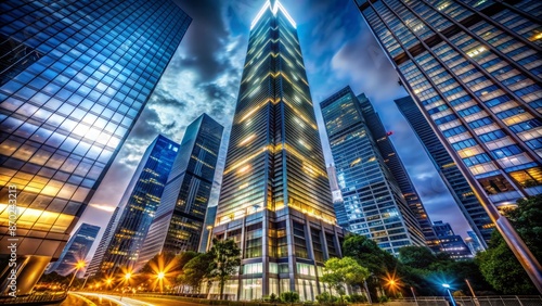 Illuminated skyscraper stands tall in urban nightscape, its glass facade shimmering with mysterious energy and hidden stories untold.