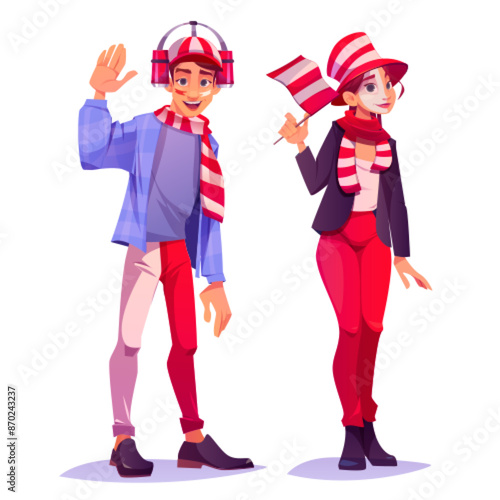 Football fan characters with red and white sport supporter attributes. Cartoon vector illustration set of male and female soccer spectator persons in fanatic hat, scarf and with flag of team.