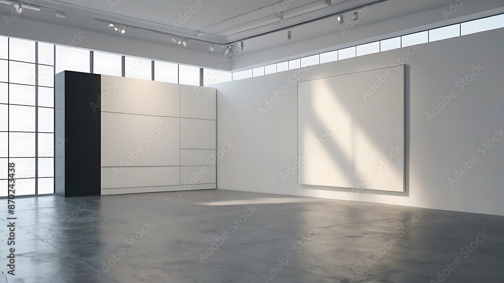 Obraz premium empty white canvas on a wall in a bright gallery space with minimalist design concept of modern art exhibition 3d rendering mock up