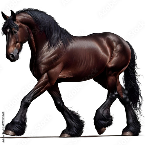 Brown-black Percheron horse walk, isolated on white. 64-69 inches tall, muscular build, graceful movement, equestrian disciplines, strong, France - origin, powerful hoof for agricultural, stallion. photo