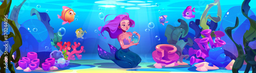 Cute fairy mermaid sit on sea bottom and play with bubble. Cartoon vector illustration of underwater landscape with adorable marine girl princess with tail, bright fishes, corals and seaweeds.