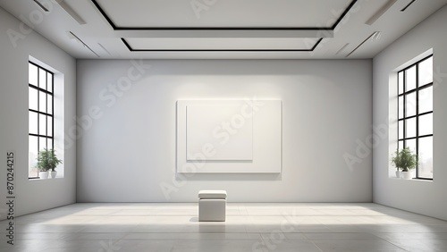 empty white canvas on a wall in a bright gallery space with minimalist design concept of modern art exhibition 3d rendering mock up