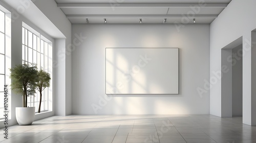 empty white canvas on a wall in a bright gallery space with minimalist design concept of modern art exhibition 3d rendering mock up