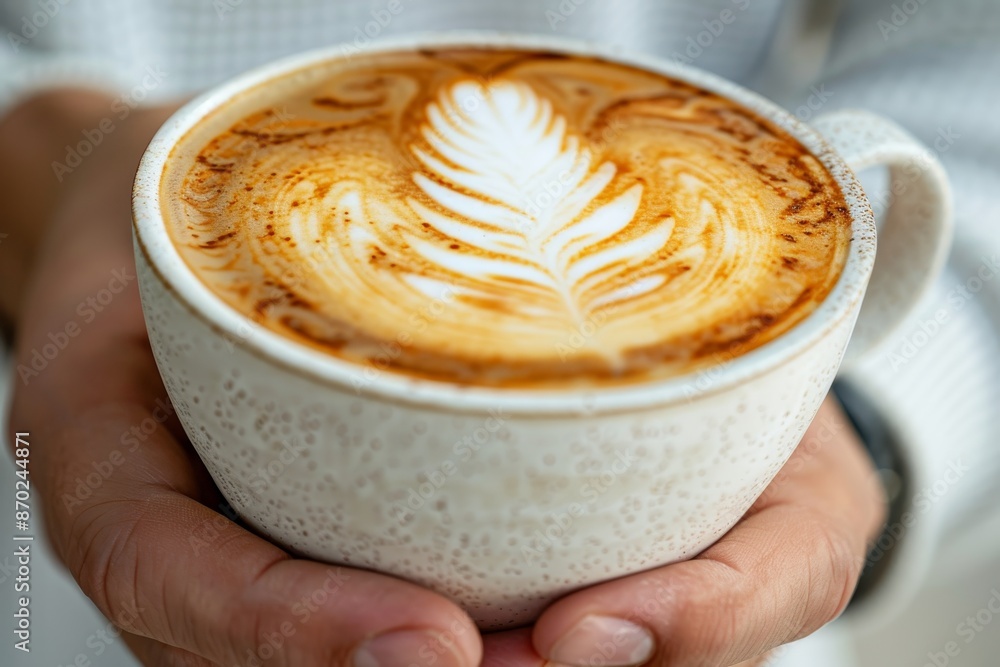 Close Up of Hands Holding a Cup of Coffee with Latte Art in a Cozy Cafe Setting Close Up of Hands Holding a Cup of Coffee with Latte Art in a Cozy Cafe Setting