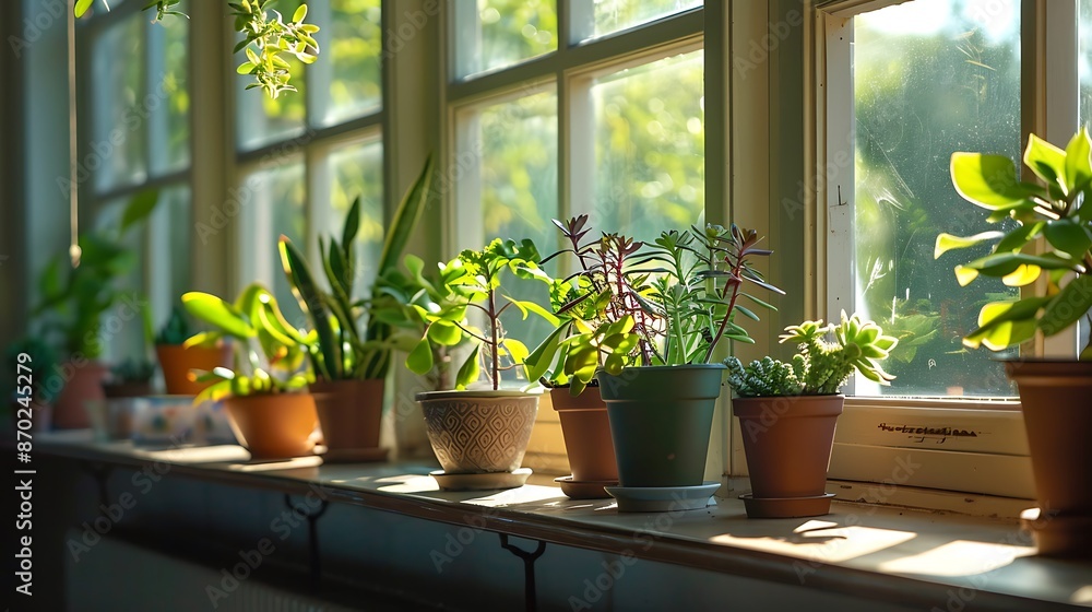 A row of potted plants on a windowsill in a classroom A row of potted plants on a windowsill in a classroom