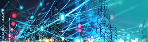 Innovative smart grid components in urban infrastructure, digital binary as object, vivid color scheme, side view, showcasing intelligent energy solutions
