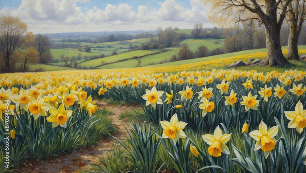 Obraz premium Vibrant Daffodil Field Under a Cloudy Sky in Springtime Countryside