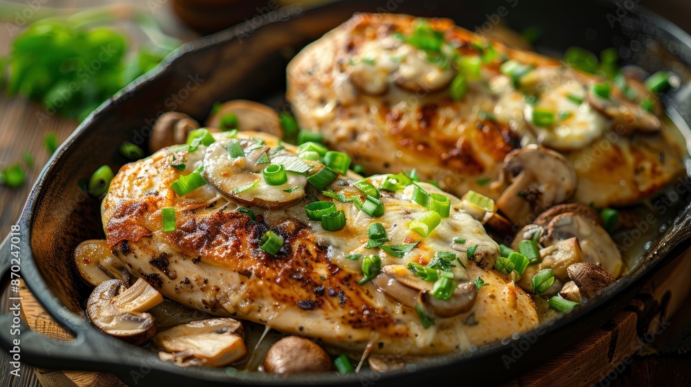 Lombardy Chicken Breasts Cooked With Mushrooms, Green Onions, And Mozzarella Cheese, A Delicious Italian Dish Lombardy Chicken Breasts Cooked With Mushrooms, Green Onions, And Mozzarella Cheese, A Delicious Italian Dish