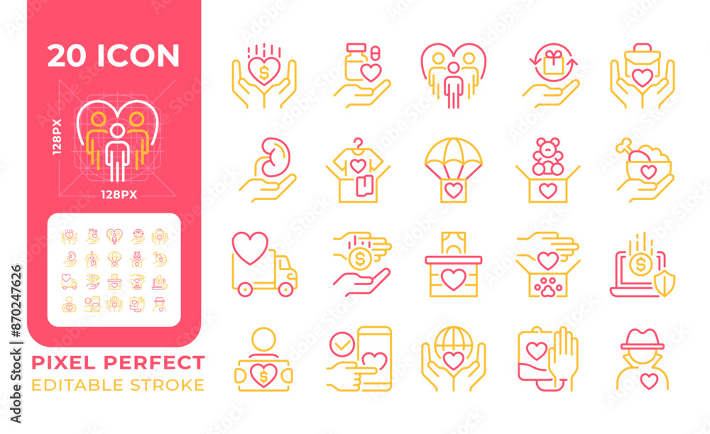 Donation two color line icons set. Helping others bicolor outline iconset isolated. Community work. Collective support. Humanitarian aid. Duotone pictograms thin linear. Editable stroke Donation two color line icons set. Helping others bicolor outline iconset isolated. Community work. Collective support. Humanitarian aid. Duotone pictograms thin linear. Editable stroke
