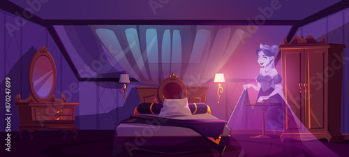Haunted house interior - ghost of young woman in ball dress standing in atic bedroom with bed and mirror, closet and window. Cartoon vector illustration of home room with dead princess or queen.