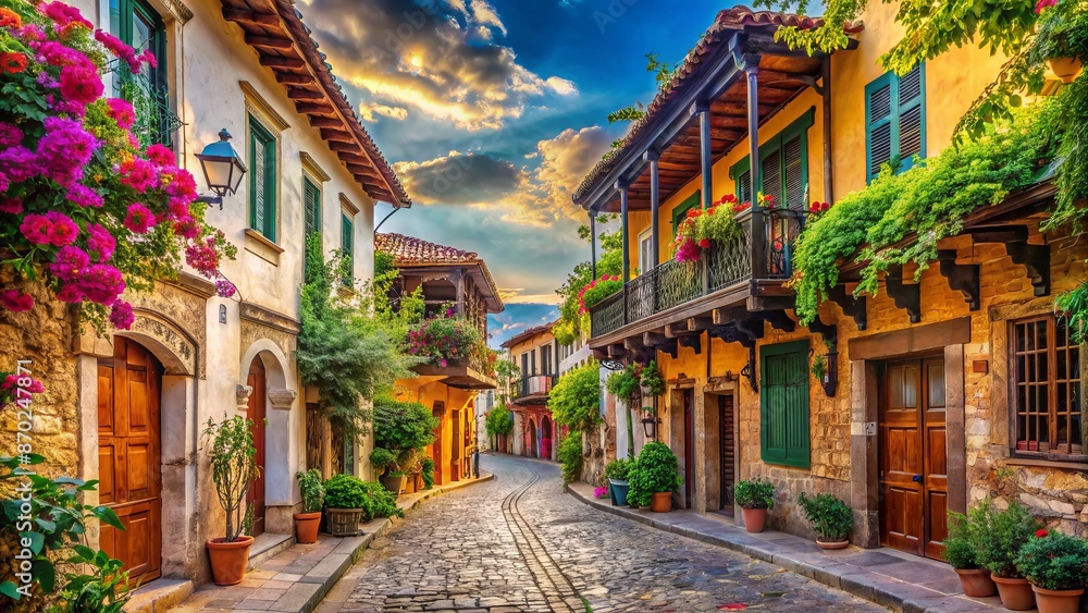 Fototapeta premium Charming Narrow Street With Colorful Houses And Flowers In Pots In A Mediterranean Town