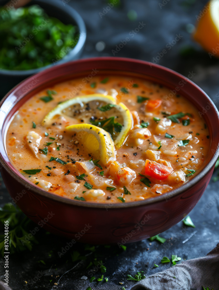 A bowl of vegetable soup garnished with lemon slices and herbs. A bowl of vegetable soup garnished with lemon slices and herbs.
