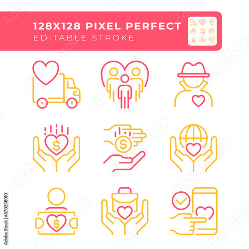 Helping hands two color line icons set. Donation bicolor outline iconset isolated. Social good concept. Helping others. Humanitarian aid. Duotone pictograms thin linear. Editable stroke