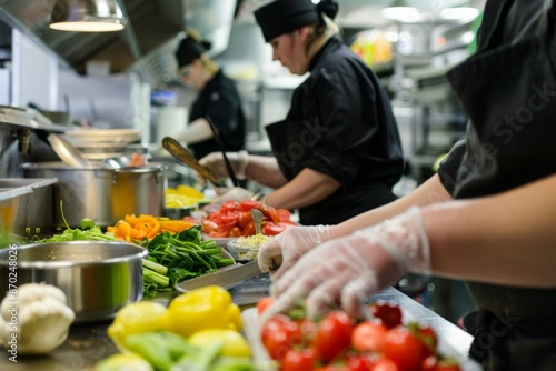 Professional Photography of kitchen staff prepping fresh ingredients, using good quality produce, Generative AI