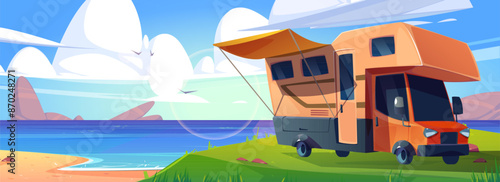Camper van on sea or lake beach with sand and green grass shore, calm water and stones. Cartoon vector motorhome at sunny summer day. Ocean landscape with caravan trailer during vacation travel.
