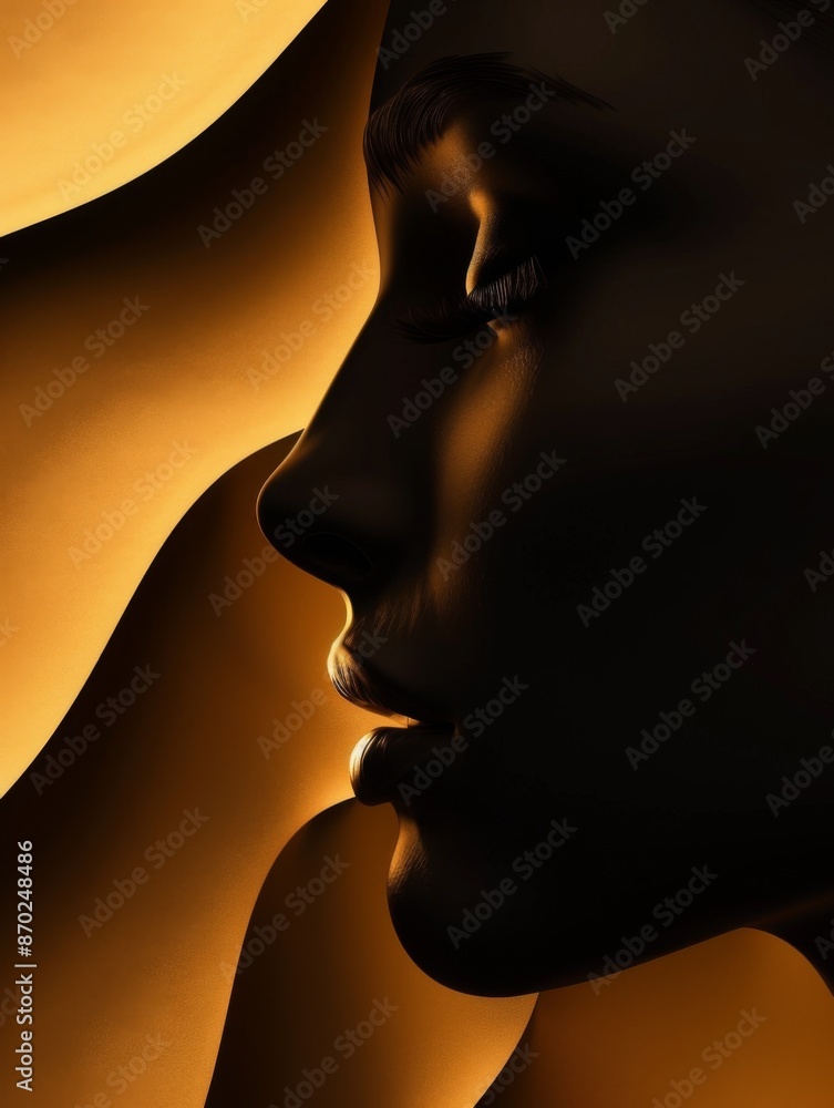 Very elegant and graceful silhouette of a woman's face on a smooth wall similar to a sheet of paper with delicate lines and waves. Very elegant and graceful silhouette of a woman's face on a smooth wall similar to a sheet of paper with delicate lines and waves.
