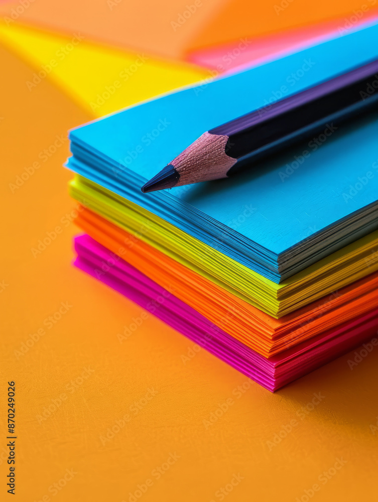 Fototapeta premium Stack of colorful paper with a pencil on top
