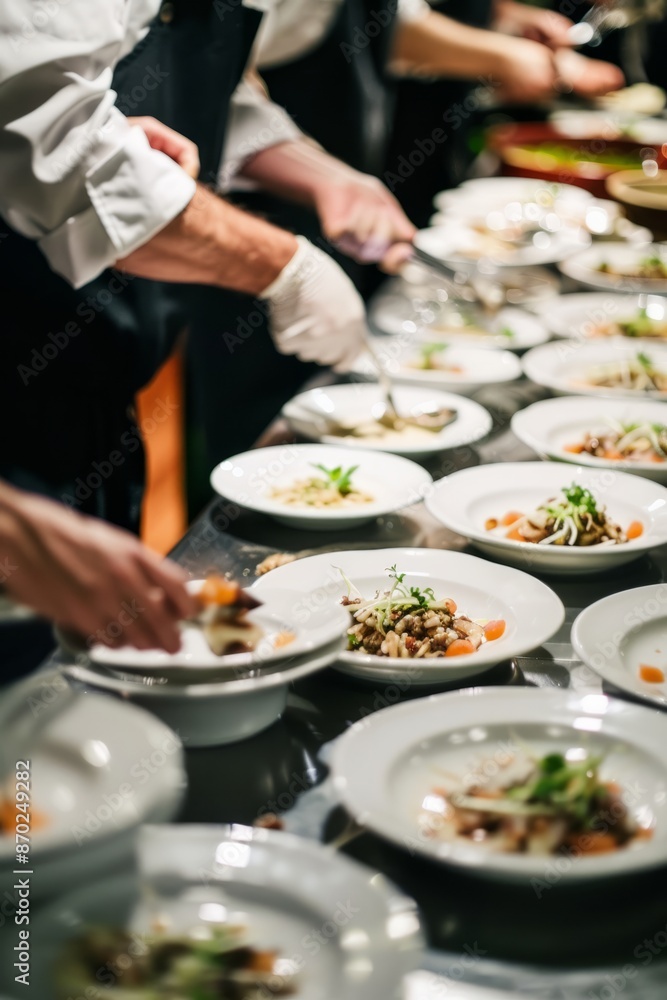 Professional Photography of cooks plating appetizers, getting ready for a party, Generative AI Professional Photography of cooks plating appetizers, getting ready for a party, Generative AI