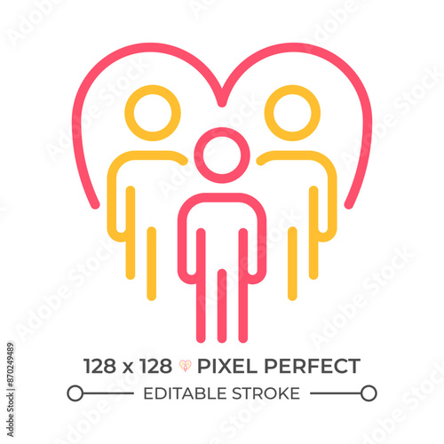 Community work two color line icon. Team members and heart bicolor outline symbol. Collective social work and support. Duotone linear pictogram. Isolated illustration. Editable stroke