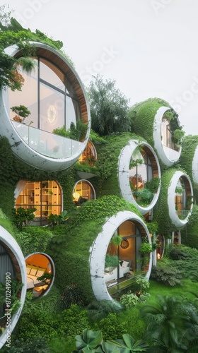 Futuristic Eco-friendly Community Living in Harmony with Nature, Generative Ai © happysunstock