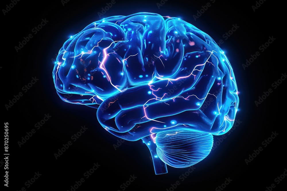holographic blue glowing human brain. ai generative holographic blue glowing human brain. ai generative