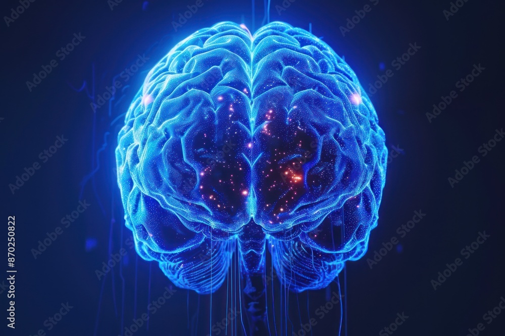 holographic blue glowing human brain. ai generative holographic blue glowing human brain. ai generative