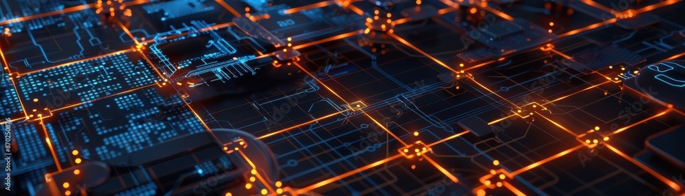 Blockchain nodes with digital grid, technology tone, splitcomplementary color scheme, top view, showcasing blockchain technology Blockchain nodes with digital grid, technology tone, splitcomplementary color scheme, top view, showcasing blockchain technology