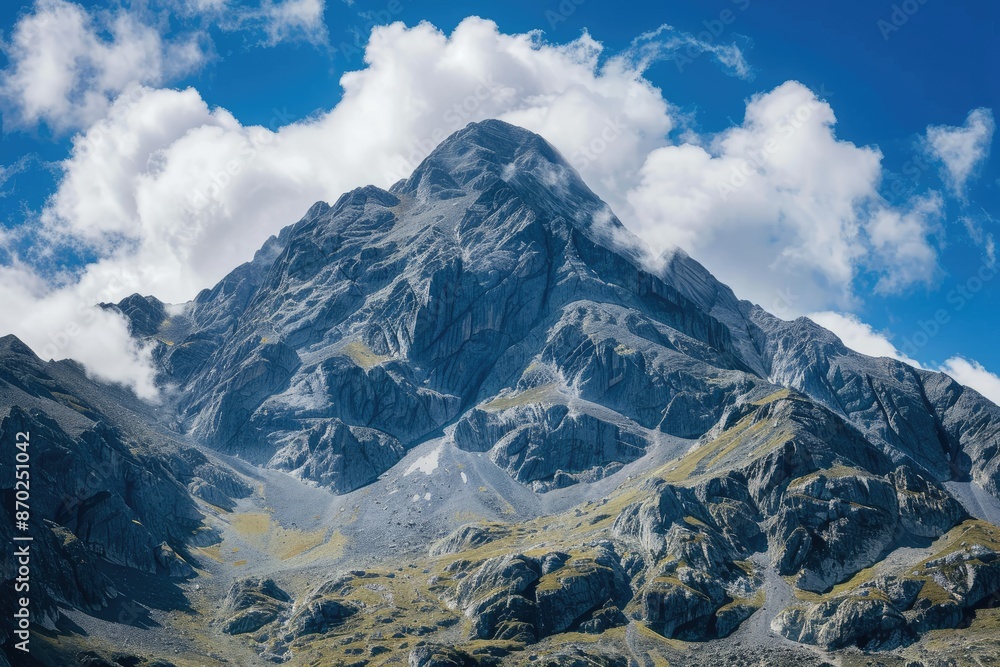 The image of a very tall mountain with some clouds in the sky emphasizes the grandeur and awe of nature.
The image of a very tall mountain with some clouds in the sky emphasizes the grandeur and awe of nature.
