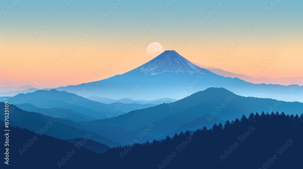 Majestic Mount Fuji sunrise above misty blue mountain layers with a soft pastel sky. illustration Majestic Mount Fuji sunrise above misty blue mountain layers with a soft pastel sky. illustration